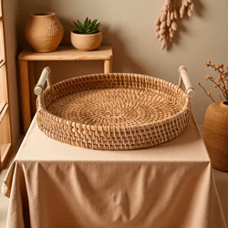 handmade rattan serving tray with double handles round decorative kitchen & dining organizer