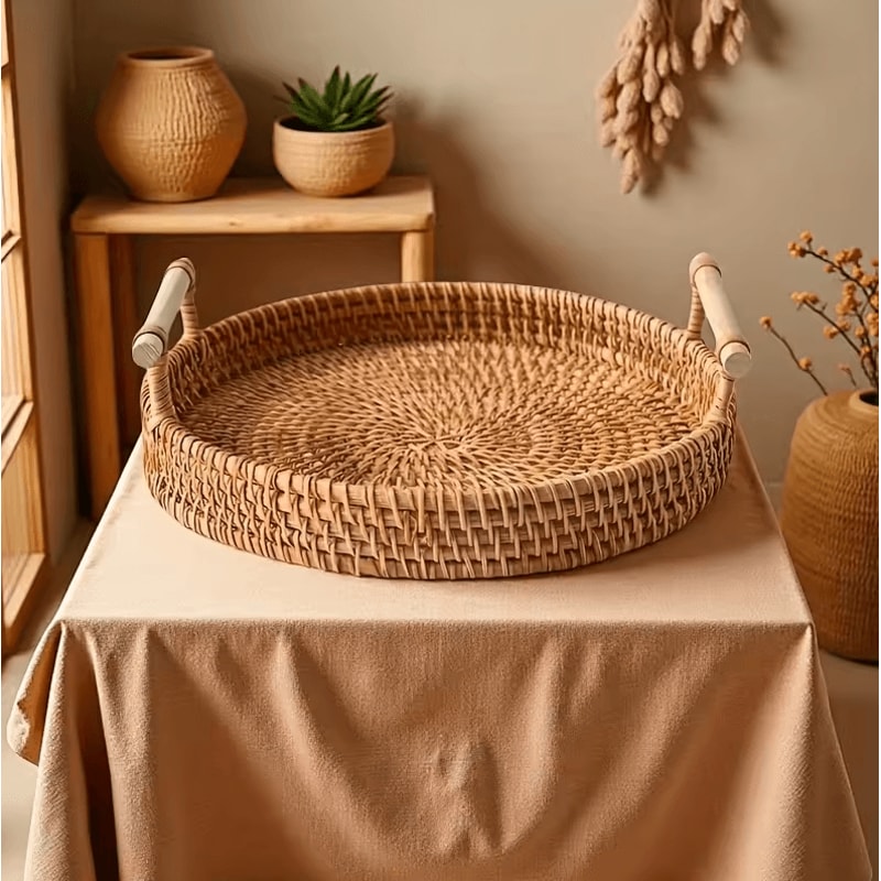 Handmade Rattan Serving Tray With Double Handles Round Decorative Kitchen Dining Organizer 0