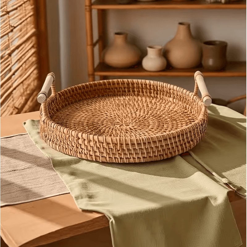 Handmade Rattan Serving Tray With Double Handles Round Decorative Kitchen Dining Organizer 1