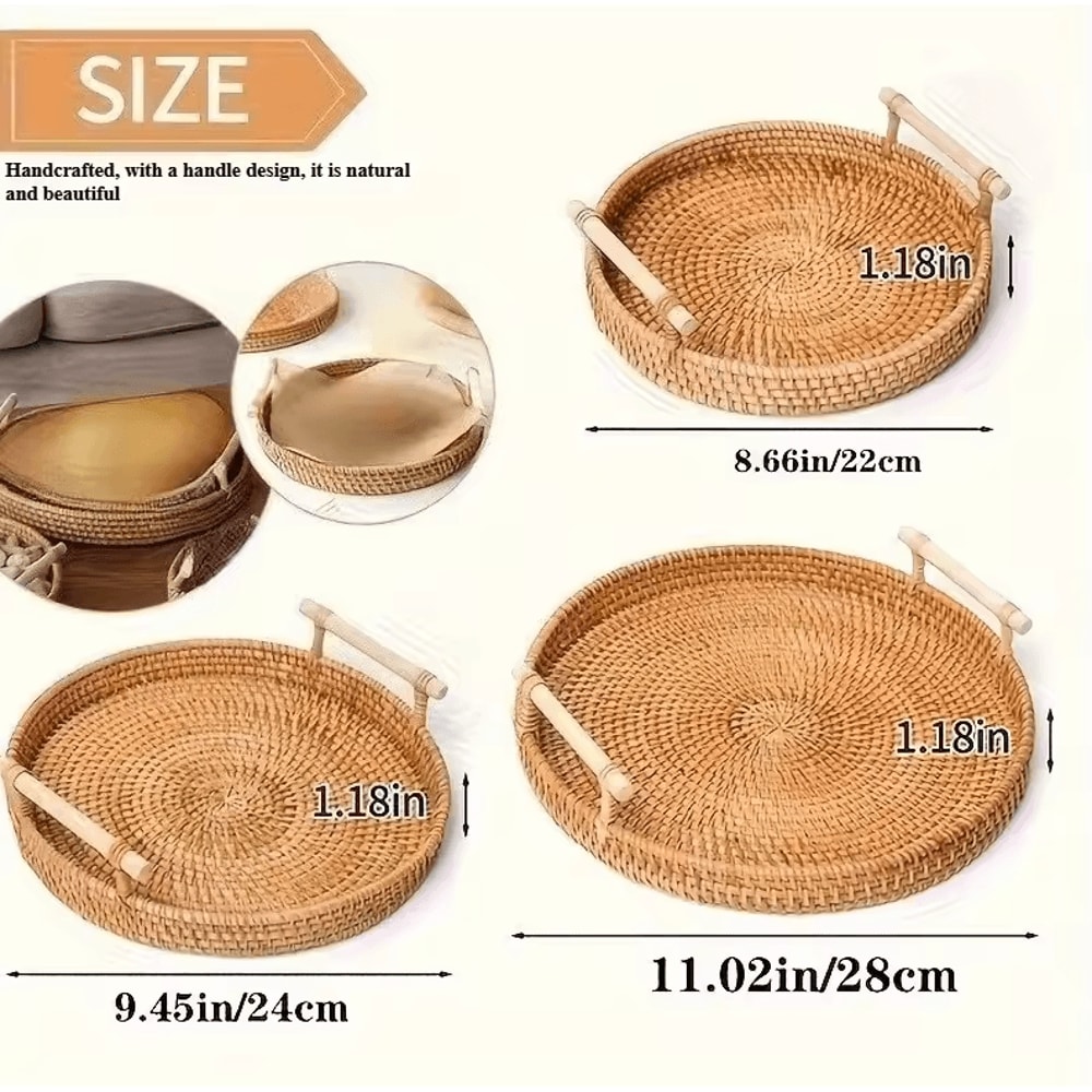 Handmade Rattan Serving Tray With Double Handles Round Decorative Kitchen Dining Organizer 4