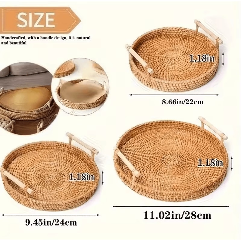 Handmade Rattan Serving Tray With Double Handles Round Decorative Kitchen Dining Organizer 4