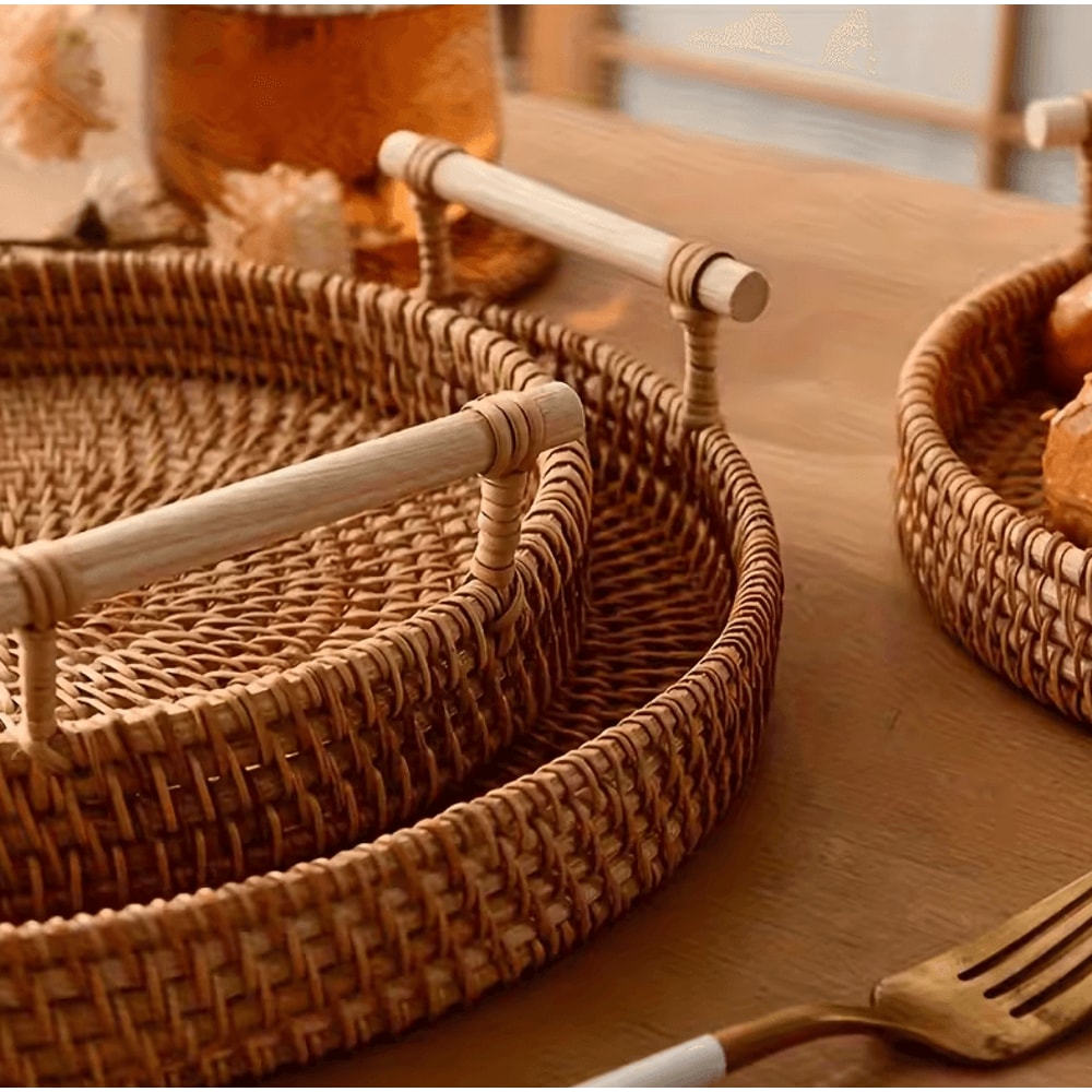 Handmade Rattan Serving Tray With Double Handles Round Decorative Kitchen Dining Organizer 3