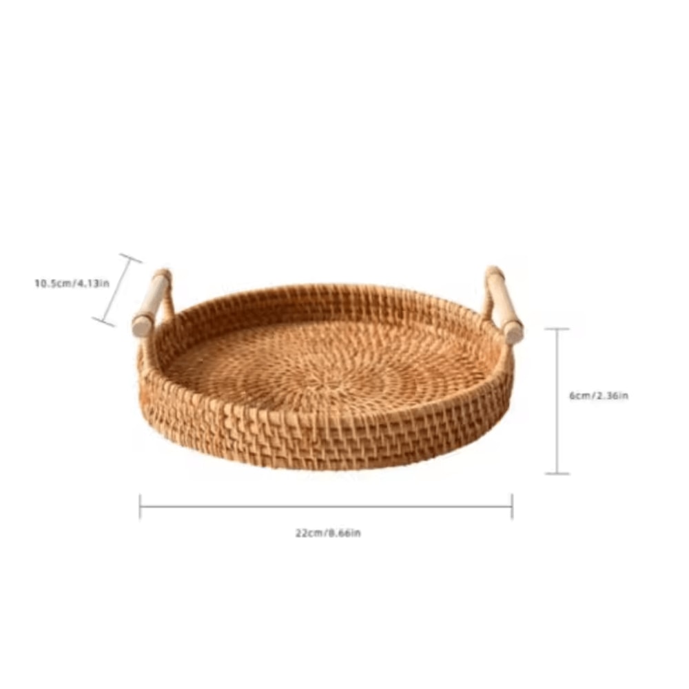 Handmade Rattan Serving Tray With Double Handles Round Decorative Kitchen Dining Organizer 5