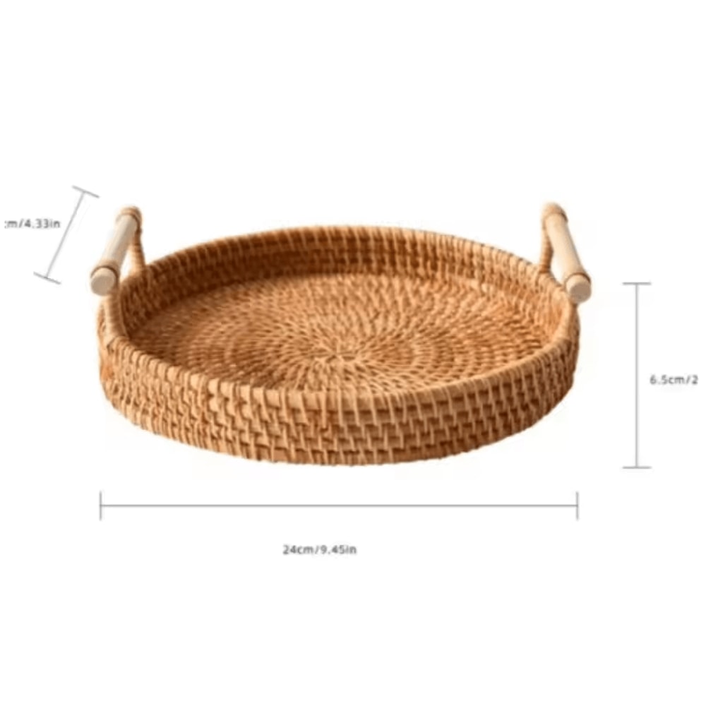 Handmade Rattan Serving Tray With Double Handles Round Decorative Kitchen Dining Organizer 6