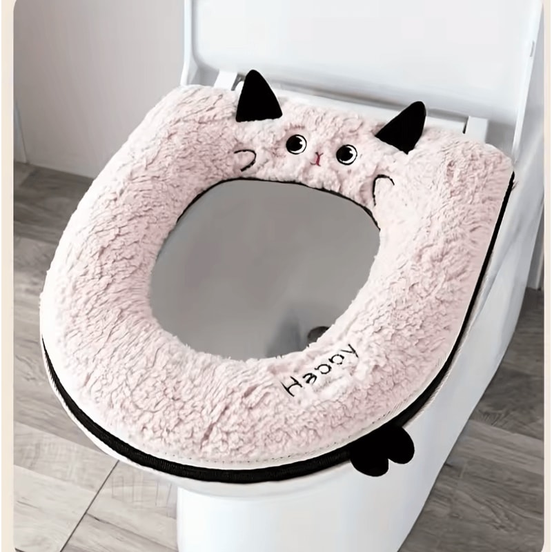 Cute CatThemed Soft Toilet Seat Cover With Zipper Universal Fit Bathroom Accessory 1