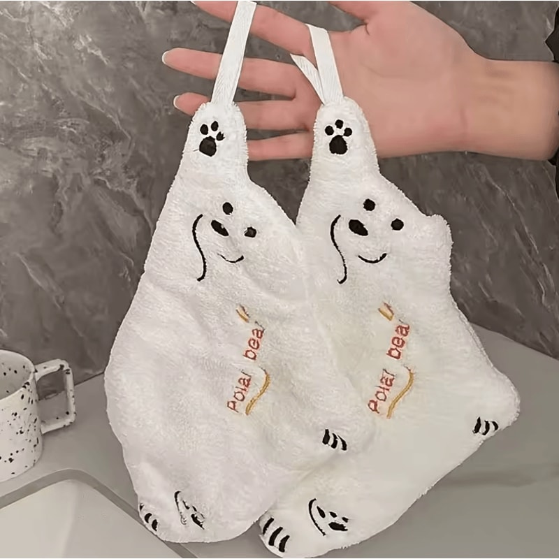 Super Absorbent Polar Bear Coral Velvet Hand Towel Cute Cartoon Hanging Towel 2