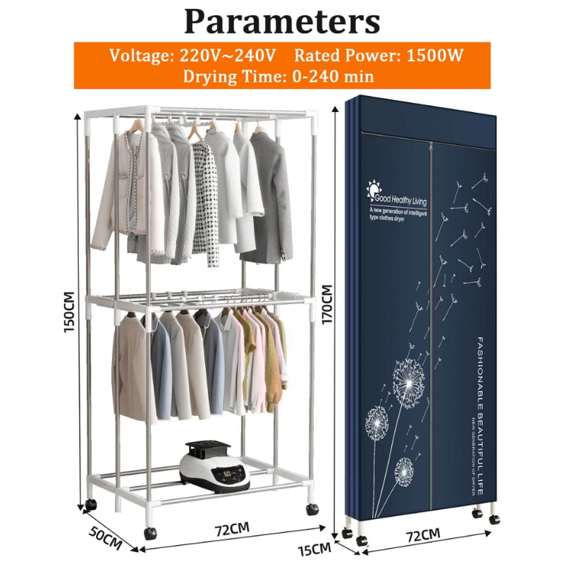 Portable Electric Clothes Dryer 220V 1500W Heated Clothes Airer With Timer 1
