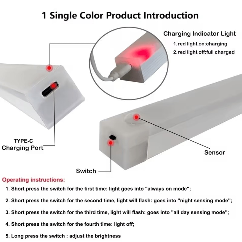 Rechargeable Motion Sensor LED Light Wireless Strip Night Lamp With USB Recharge 4