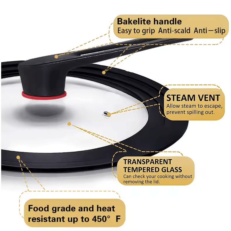 Universal Silicone Pan Lid Tempered Glass Cookware Cover With Standing Handle 1