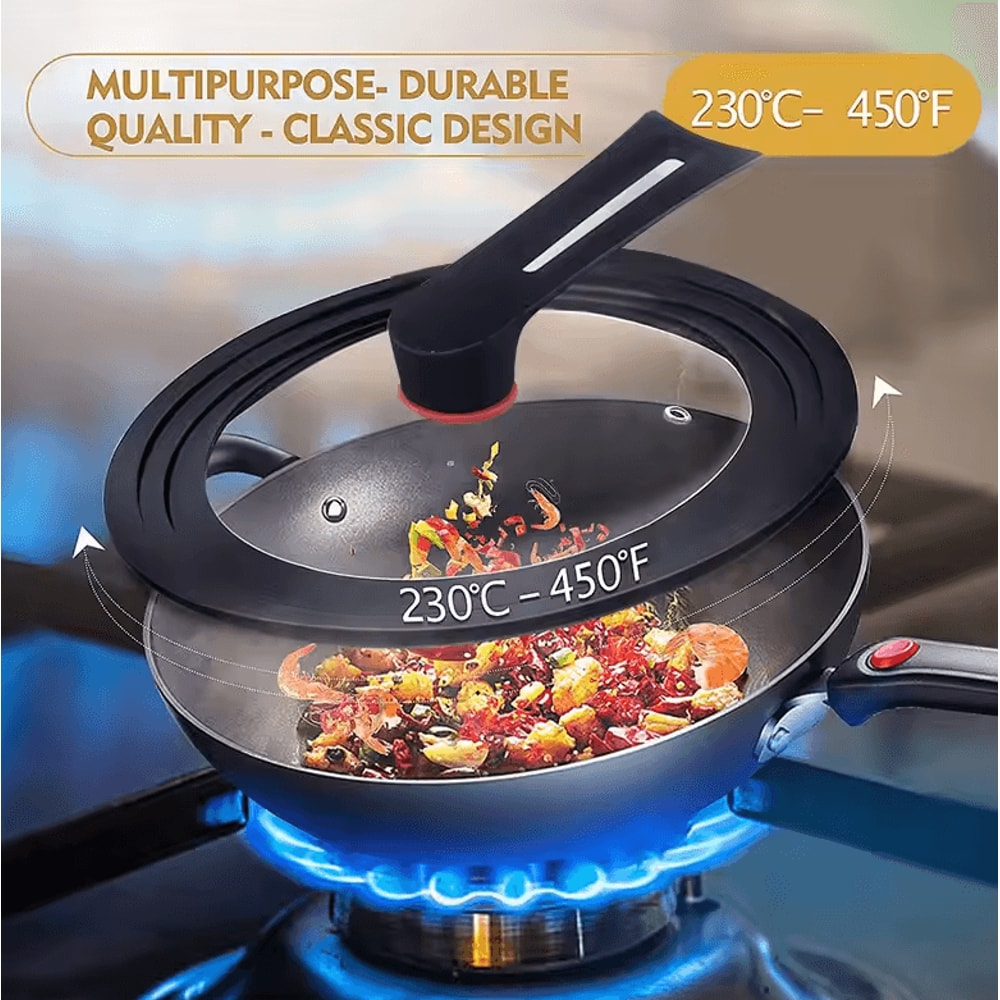 Universal Silicone Pan Lid Tempered Glass Cookware Cover With Standing Handle 2