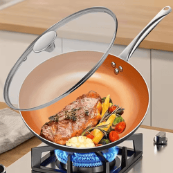 copper nonstick frying pan with lid – titanium ceramic interior saute & omelet skillet