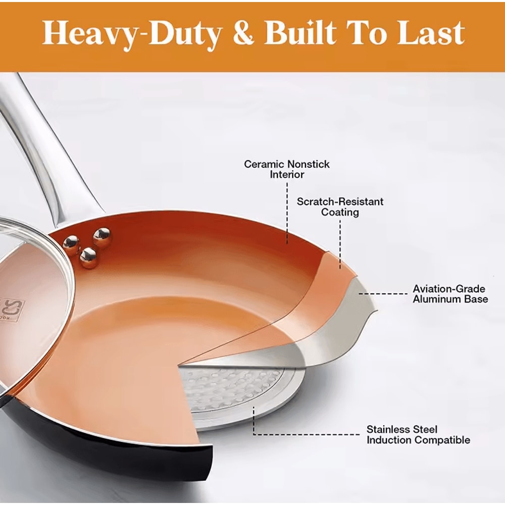 Copper Nonstick Frying Pan With Lid Titanium Ceramic Interior Saute Omelet Skillet 2