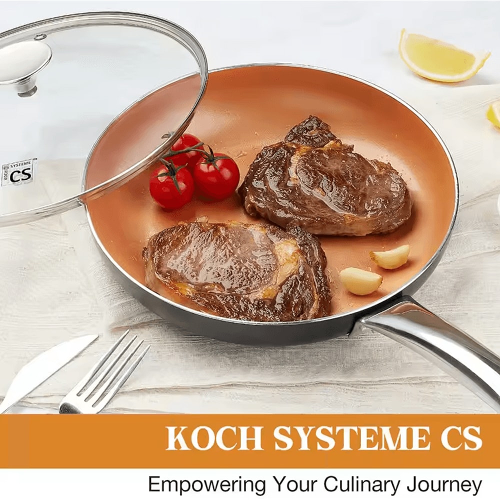 Copper Nonstick Frying Pan With Lid Titanium Ceramic Interior Saute Omelet Skillet 5