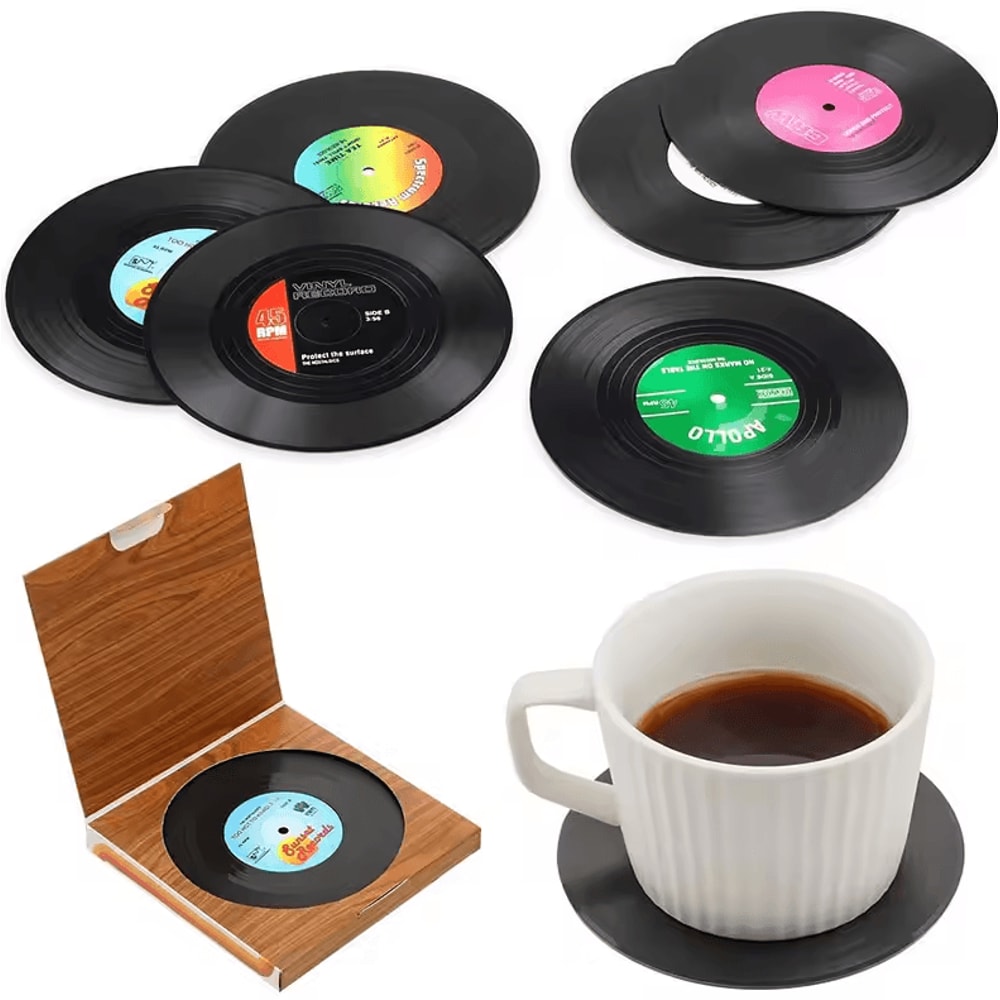 Retro Vinyl Record Drink Coasters 6 Pc NonSlip Set For Music Lovers 0
