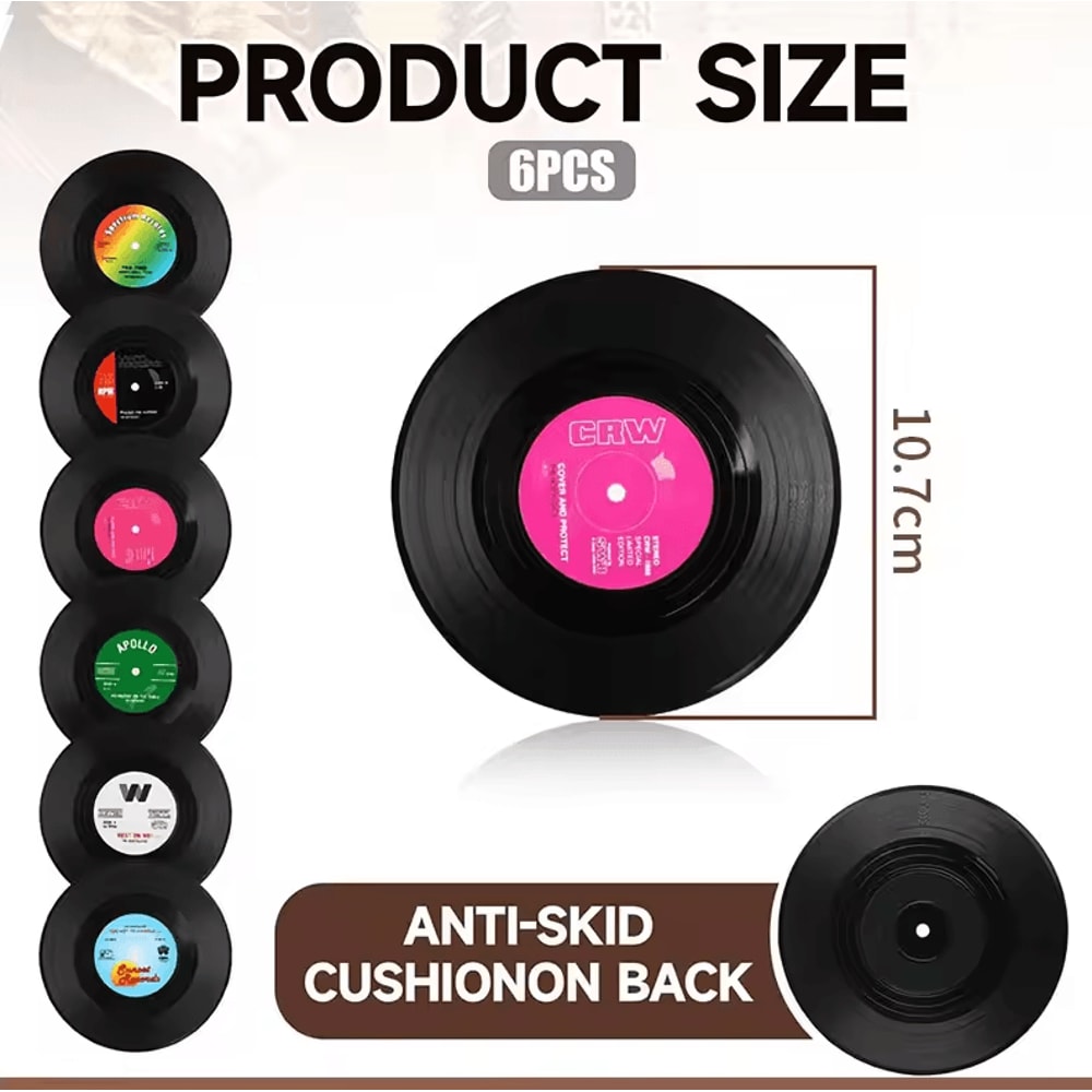 Retro Vinyl Record Drink Coasters 6 Pc NonSlip Set For Music Lovers 1