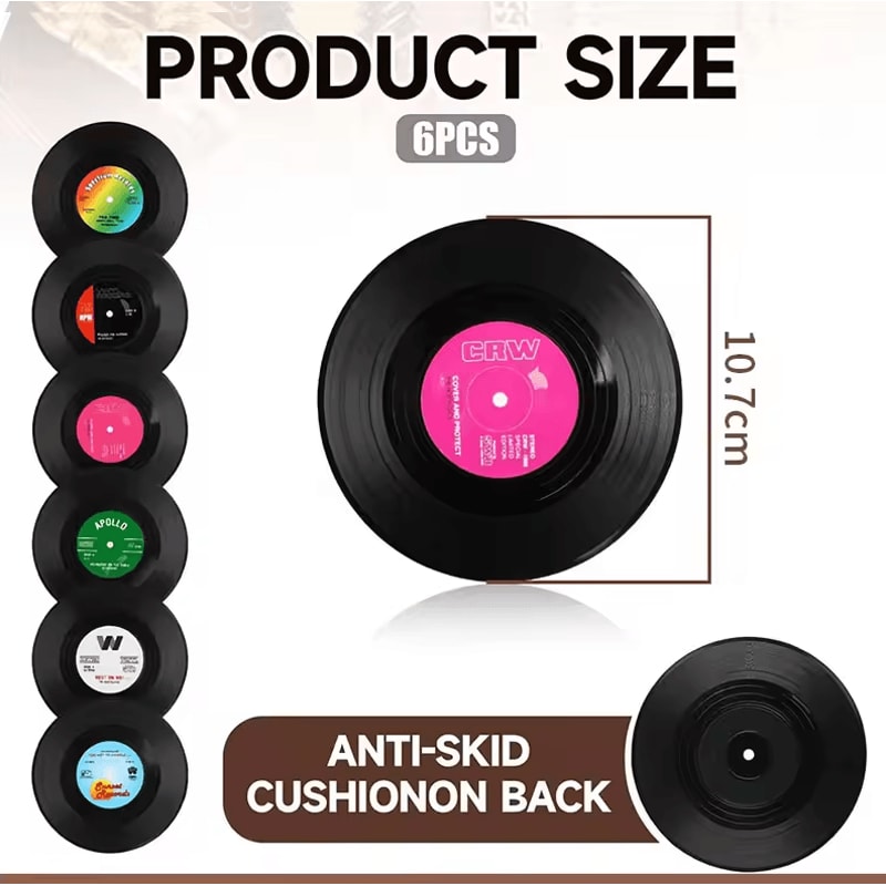 Retro Vinyl Record Drink Coasters 6 Pc NonSlip Set For Music Lovers 1