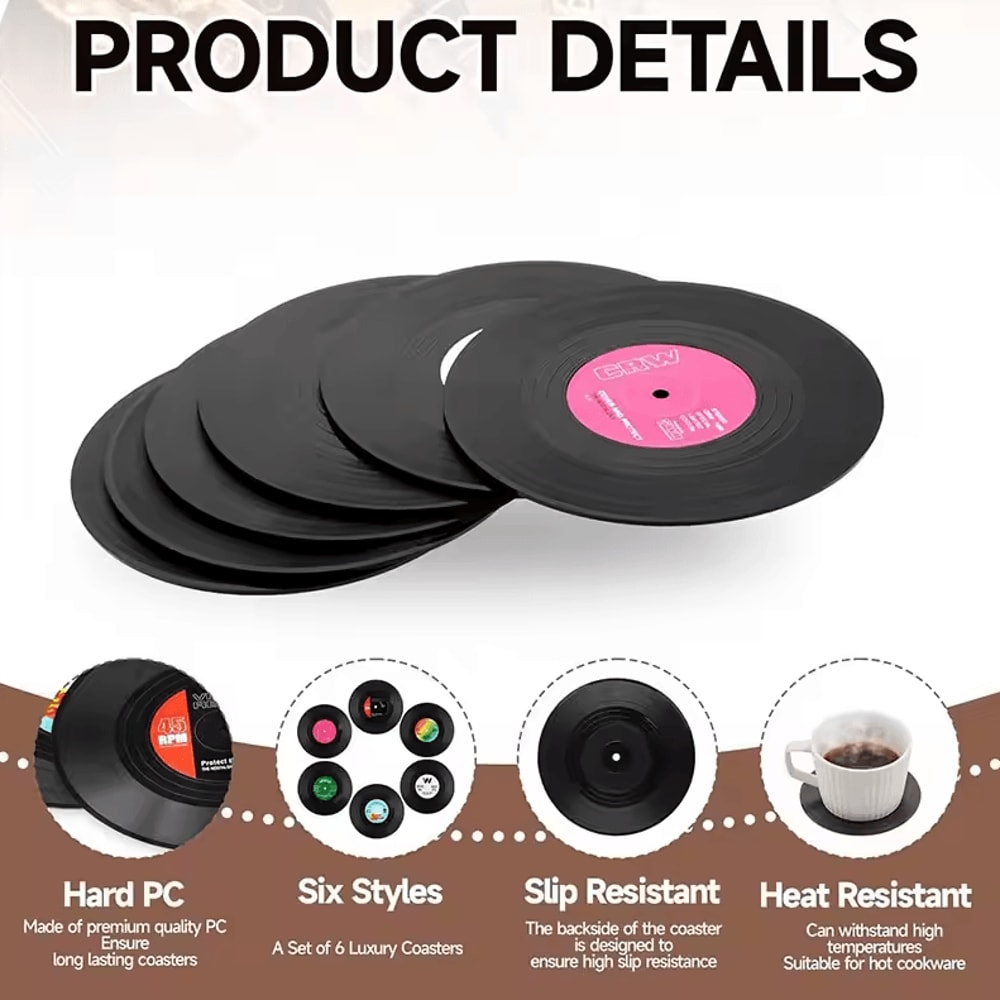 Retro Vinyl Record Drink Coasters 6 Pc NonSlip Set For Music Lovers 2