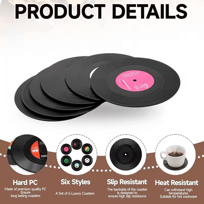 Retro Vinyl Record Drink Coasters 6 Pc NonSlip Set For Music Lovers 2