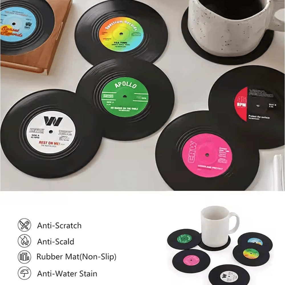 Retro Vinyl Record Drink Coasters 6 Pc NonSlip Set For Music Lovers 3