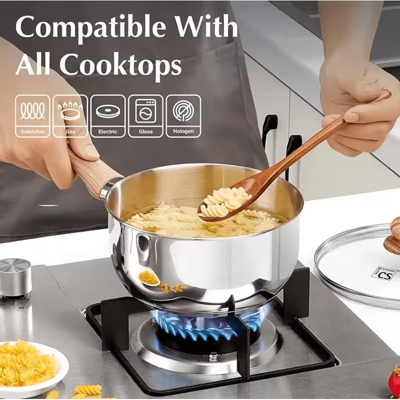 Premium 1 Quart Stainless Steel Saucepan With Glass Lid Wooden Handle 0