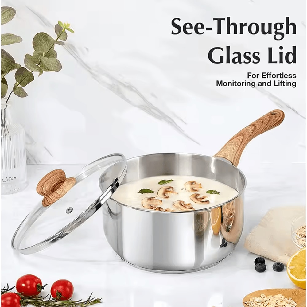 Premium 1 Quart Stainless Steel Saucepan With Glass Lid Wooden Handle 3