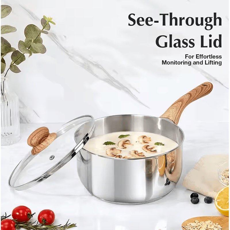 Premium 1 Quart Stainless Steel Saucepan With Glass Lid Wooden Handle 3