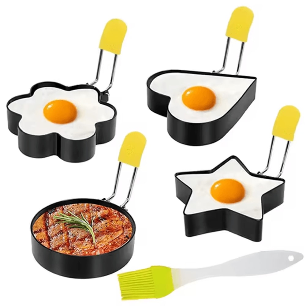 Professional Stainless Steel Pancake Ring Set Fried Egg Pancake Shapers With Orange Silicone Hand 0