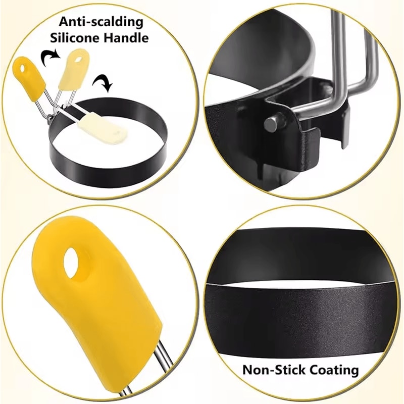 Professional Stainless Steel Pancake Ring Set Fried Egg Pancake Shapers With Orange Silicone Hand 3