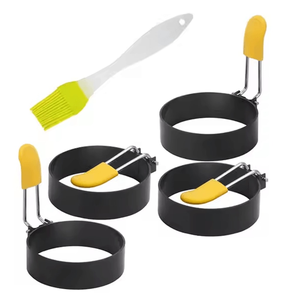 Professional Stainless Steel Pancake Ring Set Fried Egg Pancake Shapers With Orange Silicone Hand 6
