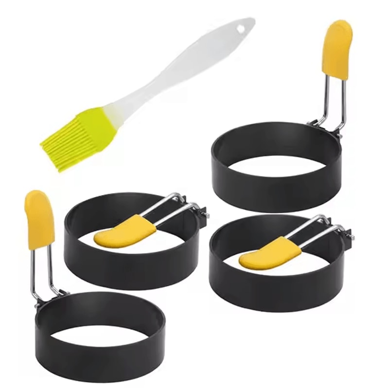 Professional Stainless Steel Pancake Ring Set Fried Egg Pancake Shapers With Orange Silicone Hand 6
