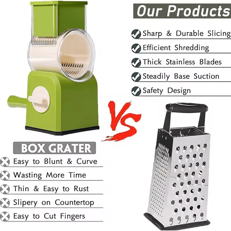 Rotary Cheese Grater Shredder Hand Crank Kitchen Mandolin With 3 Drum Blades 3