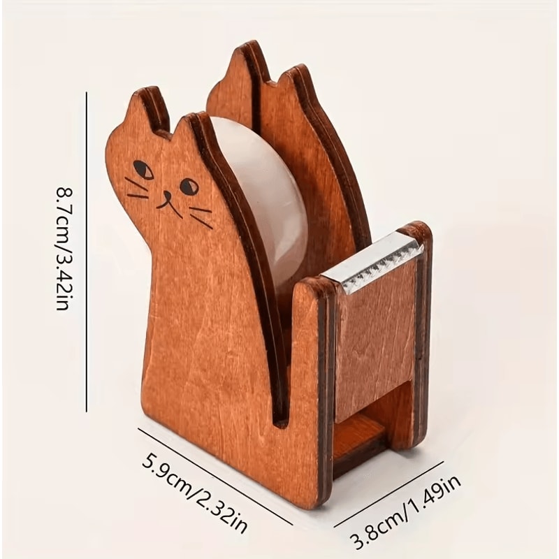 Cute Cat Shaped Tape Dispenser Wooden Transparent Plastic Tape Holder For Desk 2