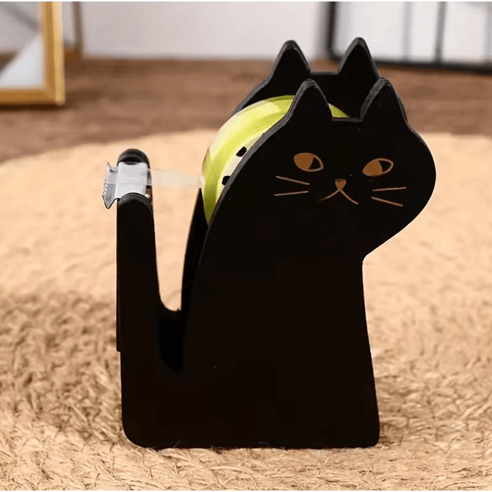 Cute Cat Shaped Tape Dispenser Wooden Transparent Plastic Tape Holder For Desk 1