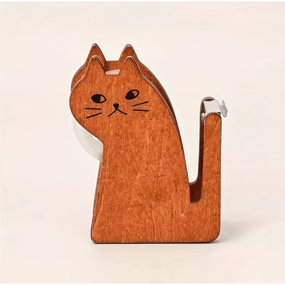 Cute Cat Shaped Tape Dispenser Wooden Transparent Plastic Tape Holder For Desk 4