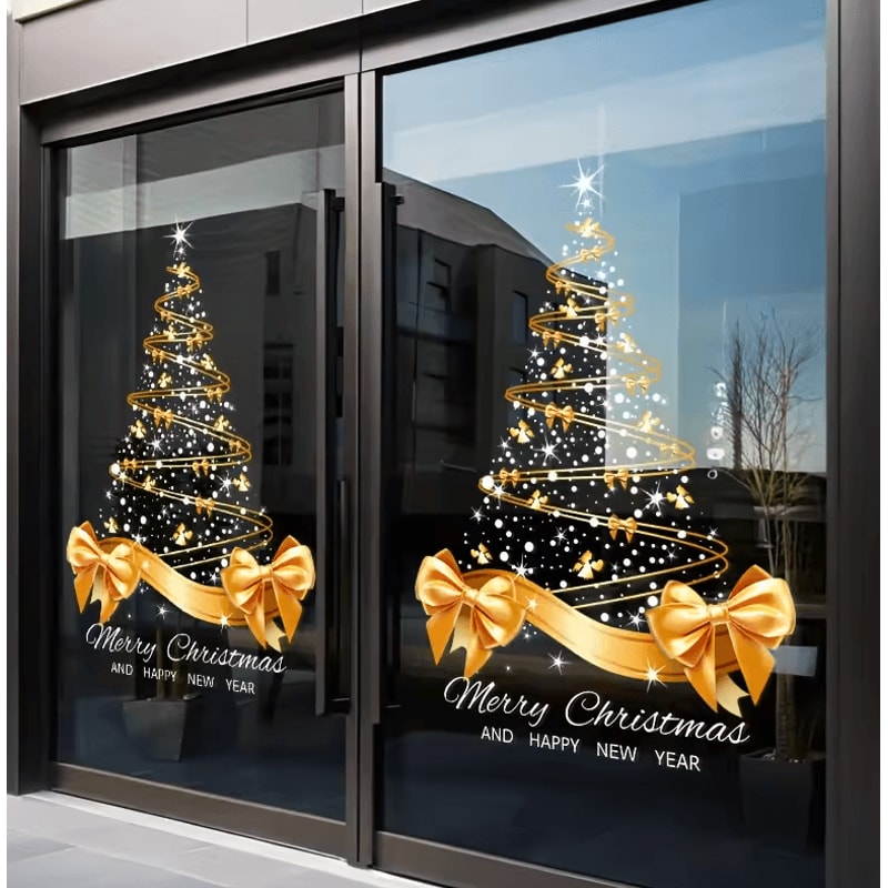 Golden Christmas Tree Window Stickers DIY Merry Christmas Electrostatic Decals 0