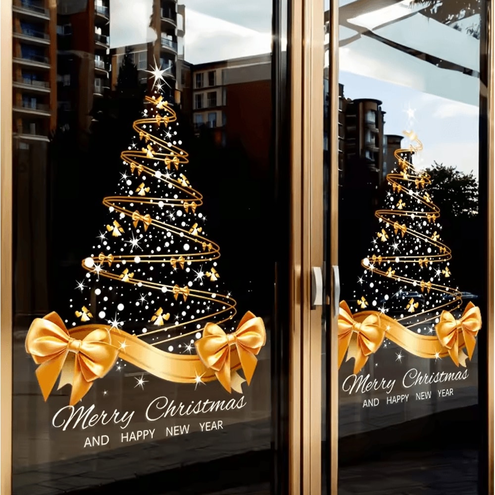 Golden Christmas Tree Window Stickers DIY Merry Christmas Electrostatic Decals 1