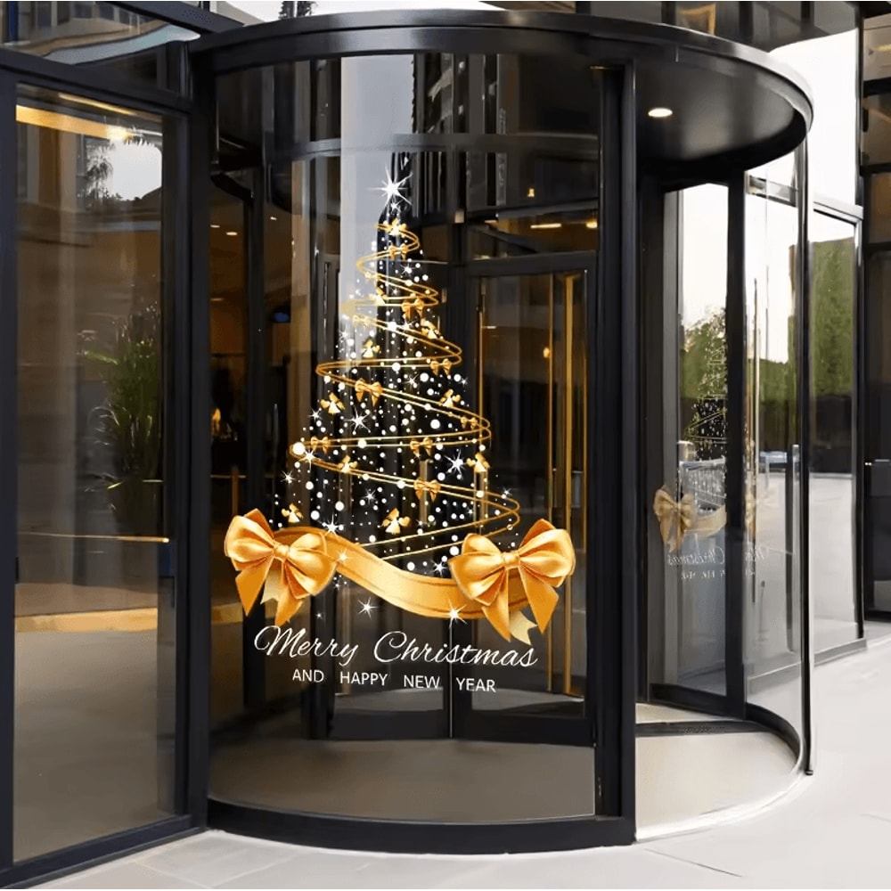 Golden Christmas Tree Window Stickers DIY Merry Christmas Electrostatic Decals 2