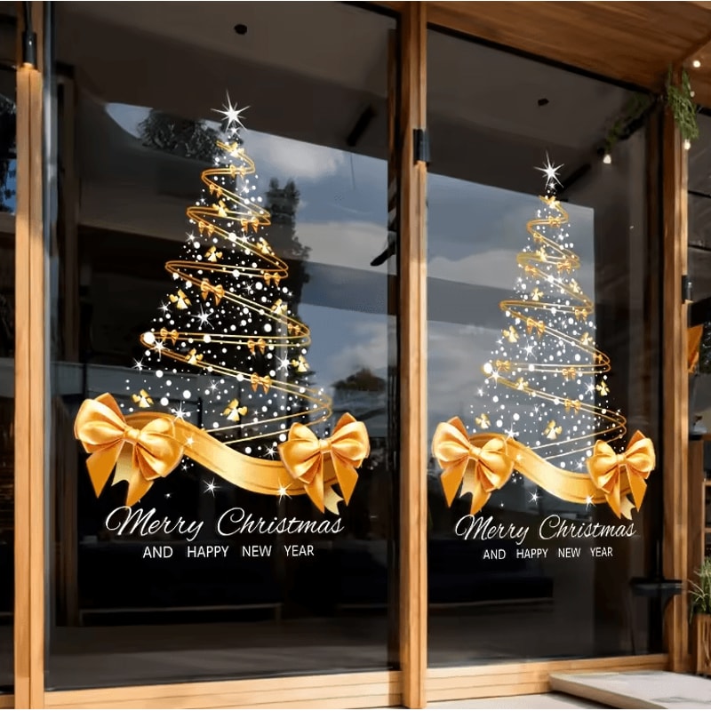 Golden Christmas Tree Window Stickers DIY Merry Christmas Electrostatic Decals 3