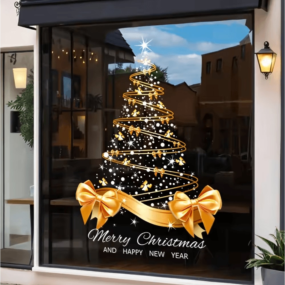 Golden Christmas Tree Window Stickers DIY Merry Christmas Electrostatic Decals 4