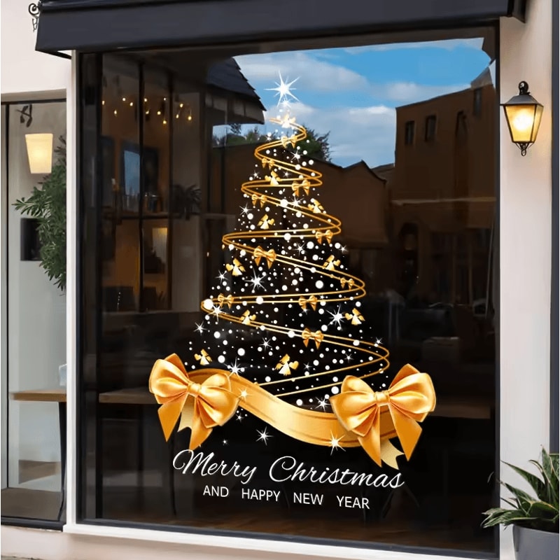 Golden Christmas Tree Window Stickers DIY Merry Christmas Electrostatic Decals 4