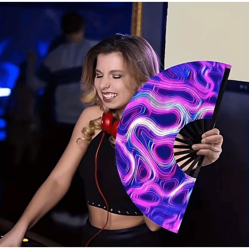 Large Carnival Folding Fan With Energetic Neon Mushroom Pattern Unisex Hand Fan 1