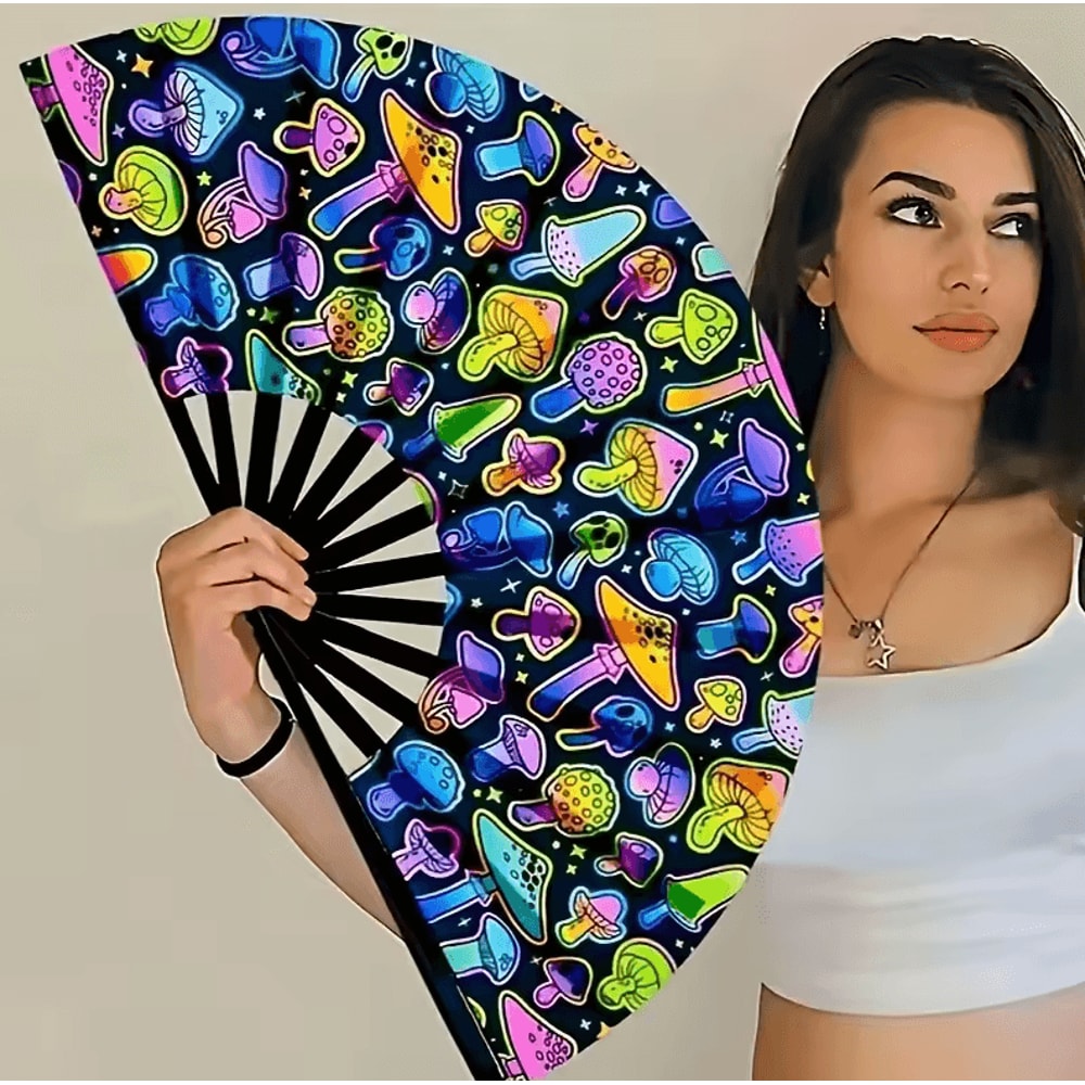 Large Carnival Folding Fan With Energetic Neon Mushroom Pattern Unisex Hand Fan 2