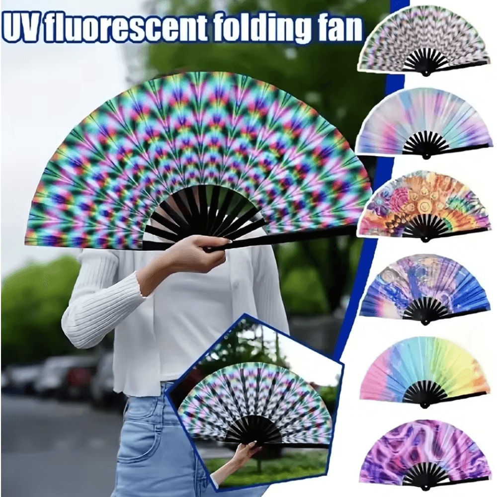 Large Carnival Folding Fan With Energetic Neon Mushroom Pattern Unisex Hand Fan 3