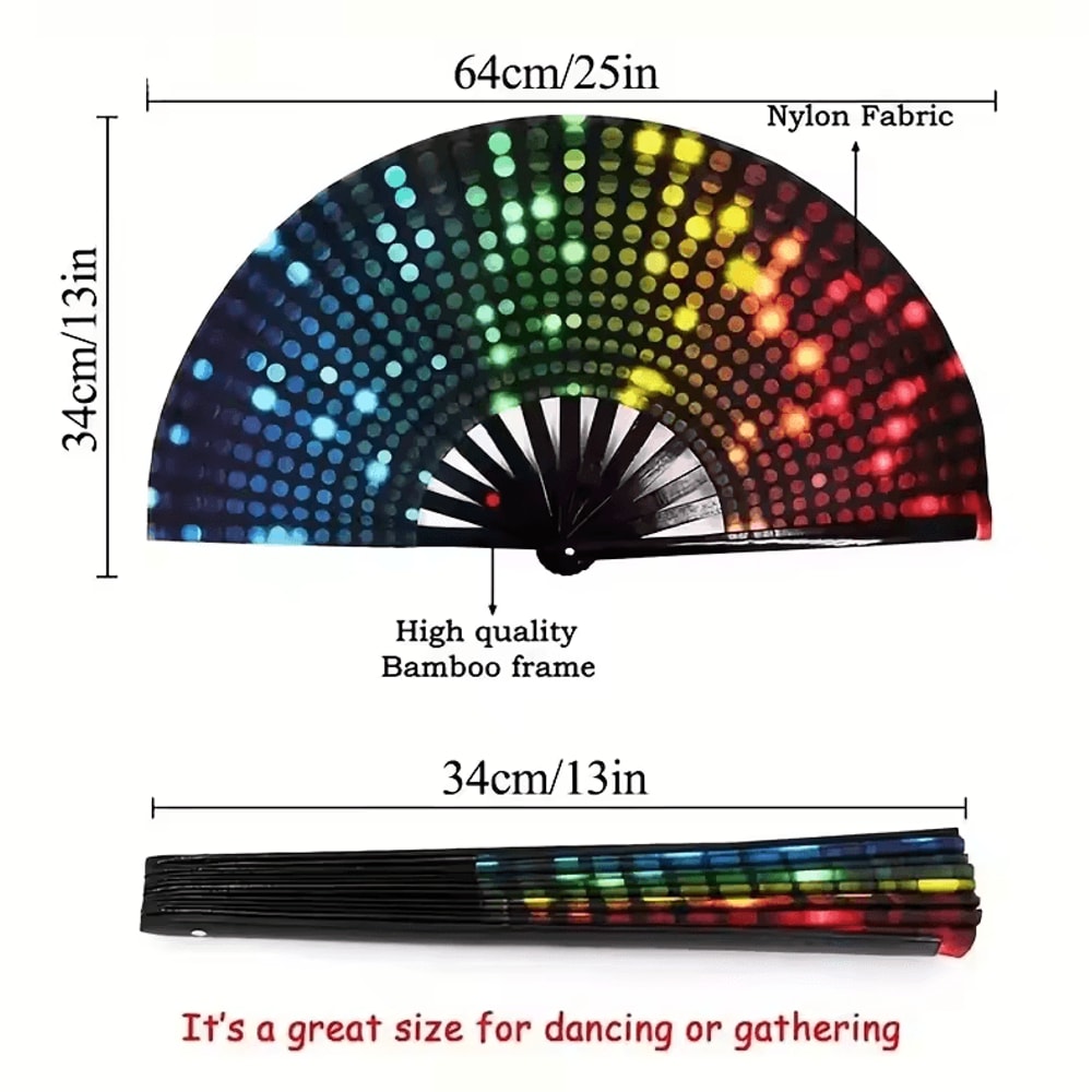 Large Carnival Folding Fan With Energetic Neon Mushroom Pattern Unisex Hand Fan 4