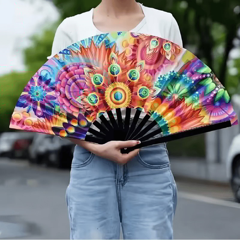 Large Carnival Folding Fan With Energetic Neon Mushroom Pattern Unisex Hand Fan 6