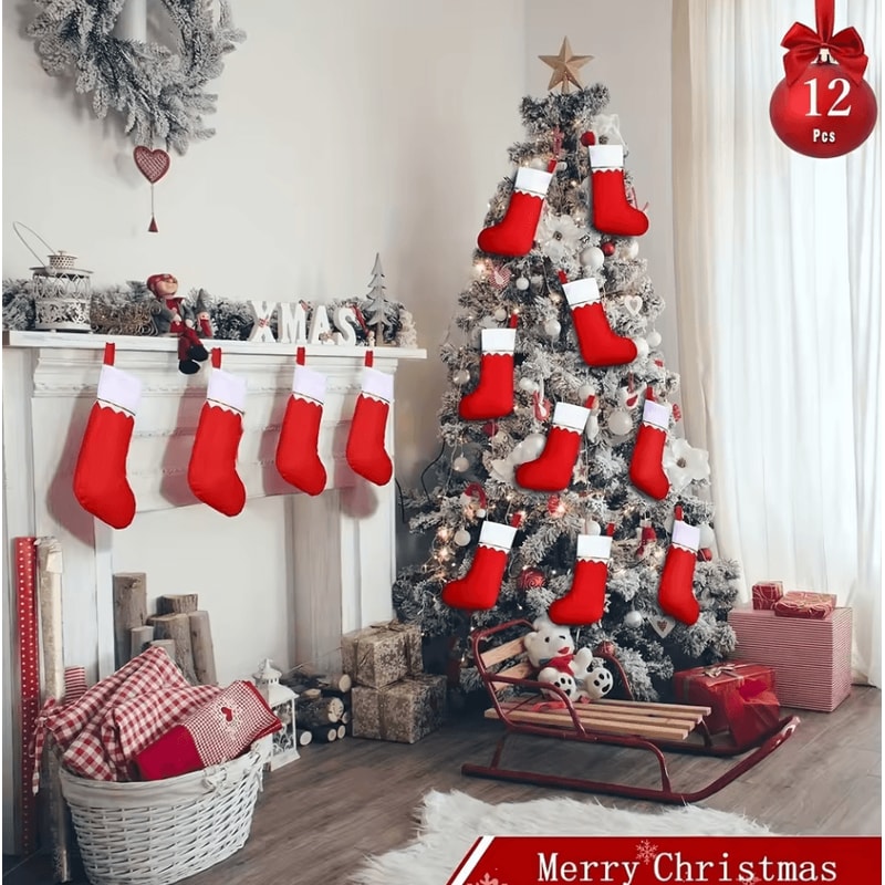 12Piece Festive Red Christmas Stockings Set Santa Claus Reindeer Design 0