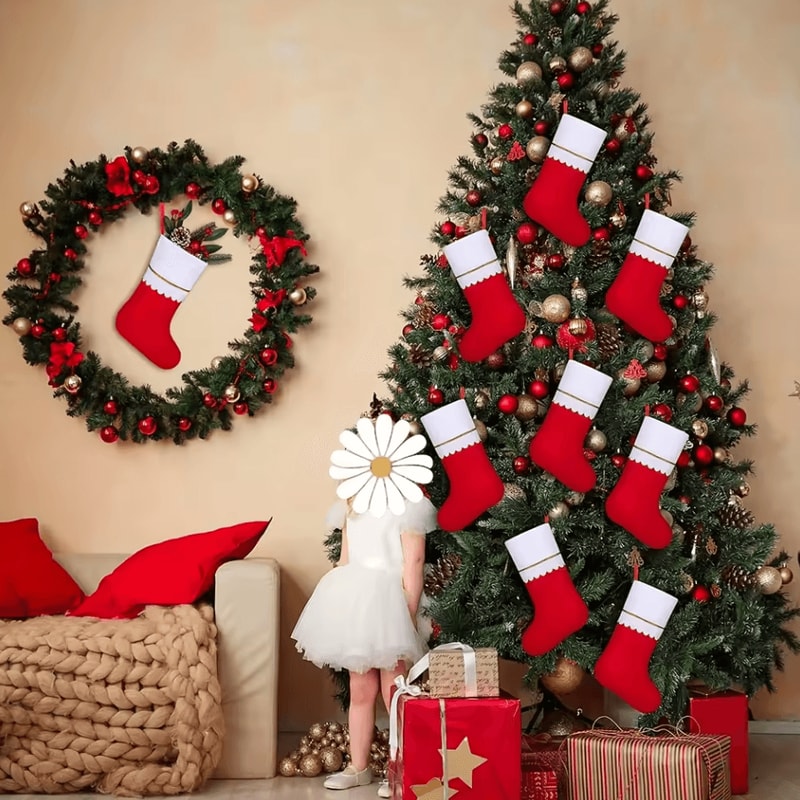 12Piece Festive Red Christmas Stockings Set Santa Claus Reindeer Design 1