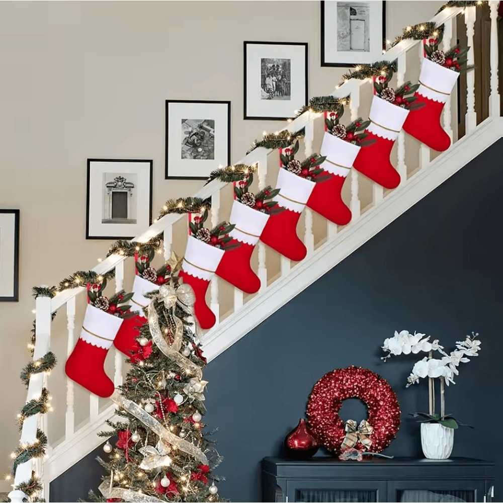12Piece Festive Red Christmas Stockings Set Santa Claus Reindeer Design 2