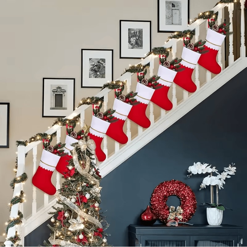 12Piece Festive Red Christmas Stockings Set Santa Claus Reindeer Design 2