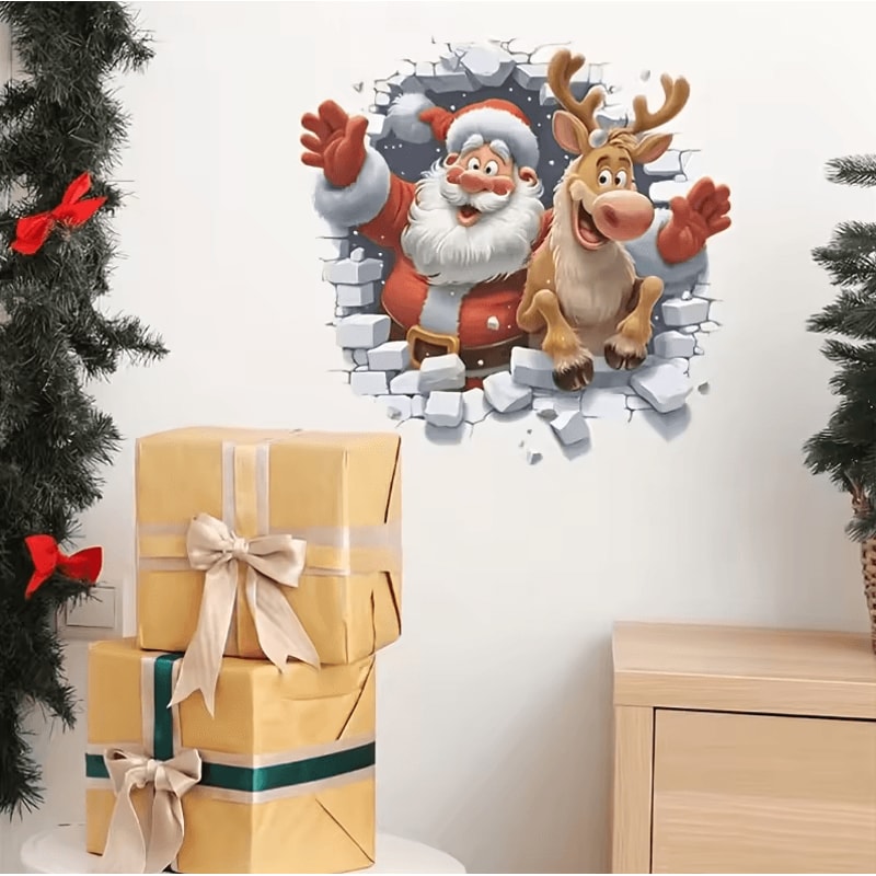 SelfAdhesive Removable 3D Santa Claus And Rudolf Wall Stickers Christmas Decorative Decor 2